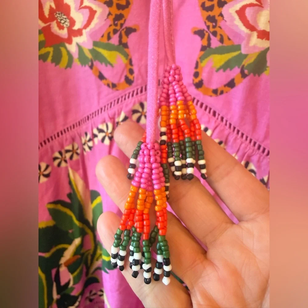 FARM Rio Pink Leopard Forest Mini Dress Beaded babydoll resort tropical Size L - Picture 5 of 9